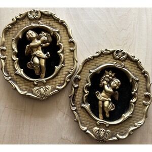 Vtg Ardco Cherub Plaques LOT of 2 Gold Ceramic Black Flocking Renaissance Angels